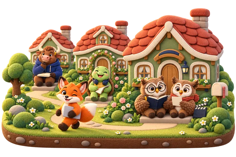 Golden hour on Maple Row: Olive and Oscar write on their doorstep, Toby and Bella on their porches, and Finn walks home with his tablet.