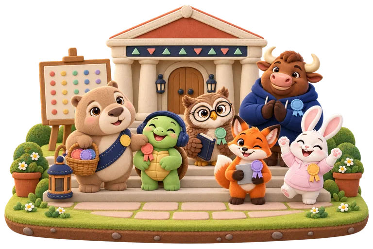 Mayor Mo hands out ribbons from a basket on the Exchange steps. Toby, Olive, Finn, Bella and Rosie each wear one, all the same size.